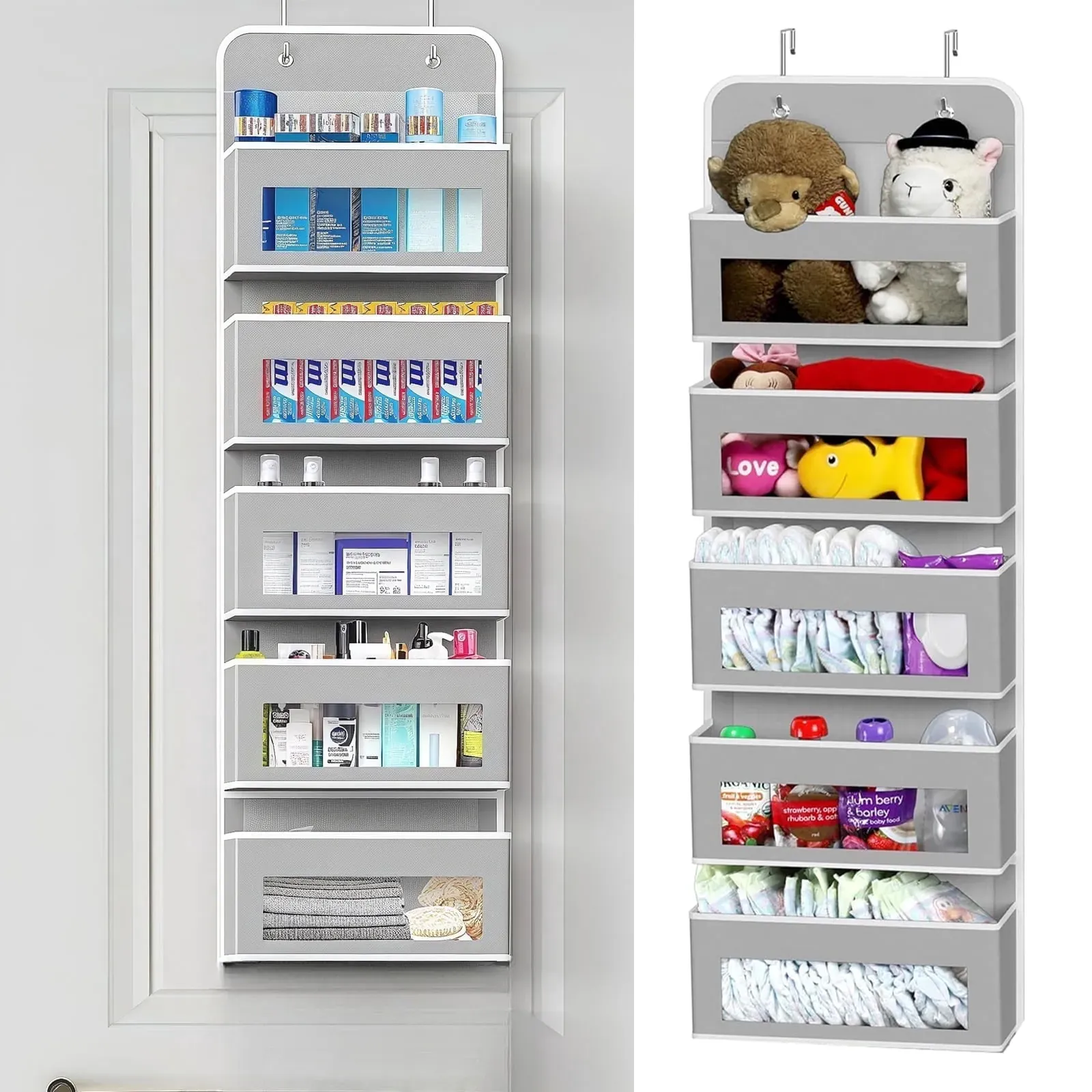 Over the Door Pocket Organizer, 5 Clear-Window Pockets, Gray (2-Pack)